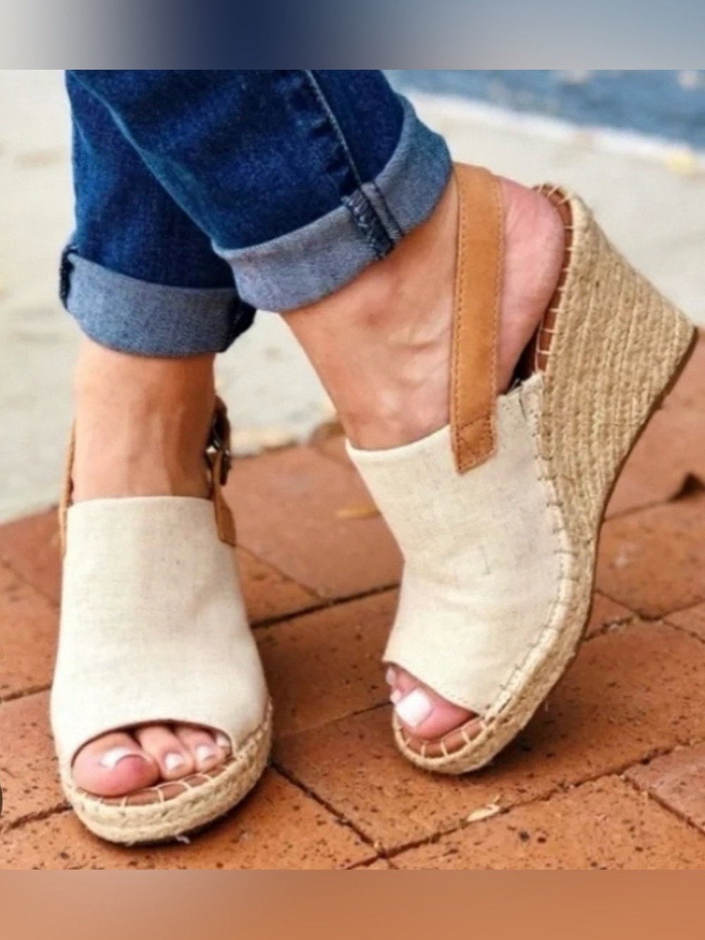 Women’s Cream Espadrille Wedge Sandals with Tan Strap